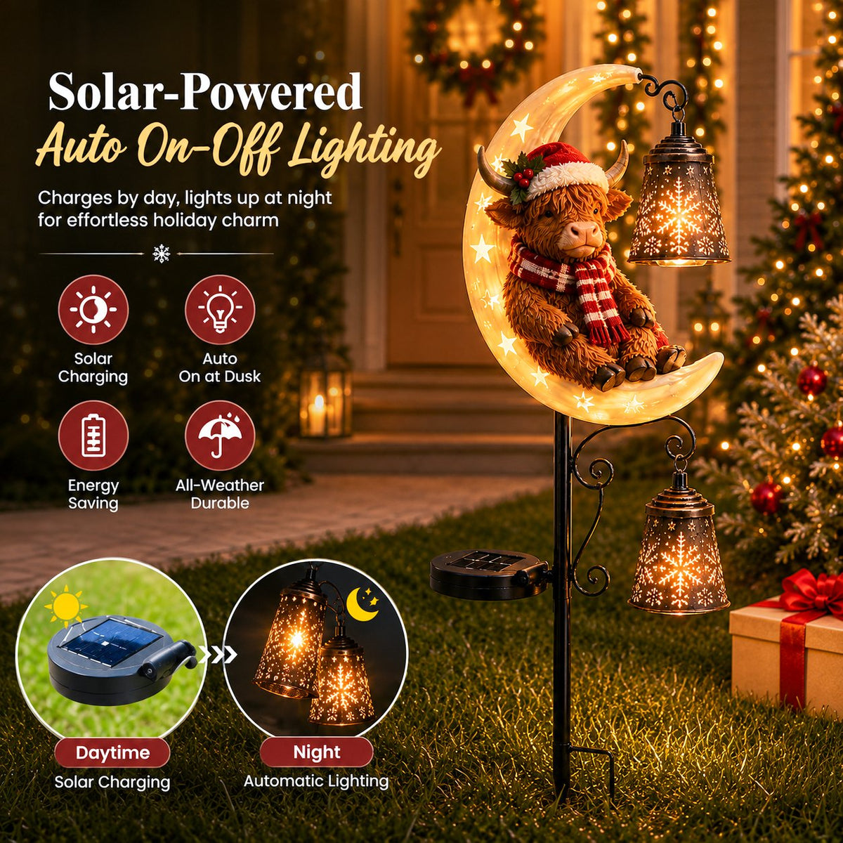 🐮🌙 Highland Cow Moon Solar Garden Light