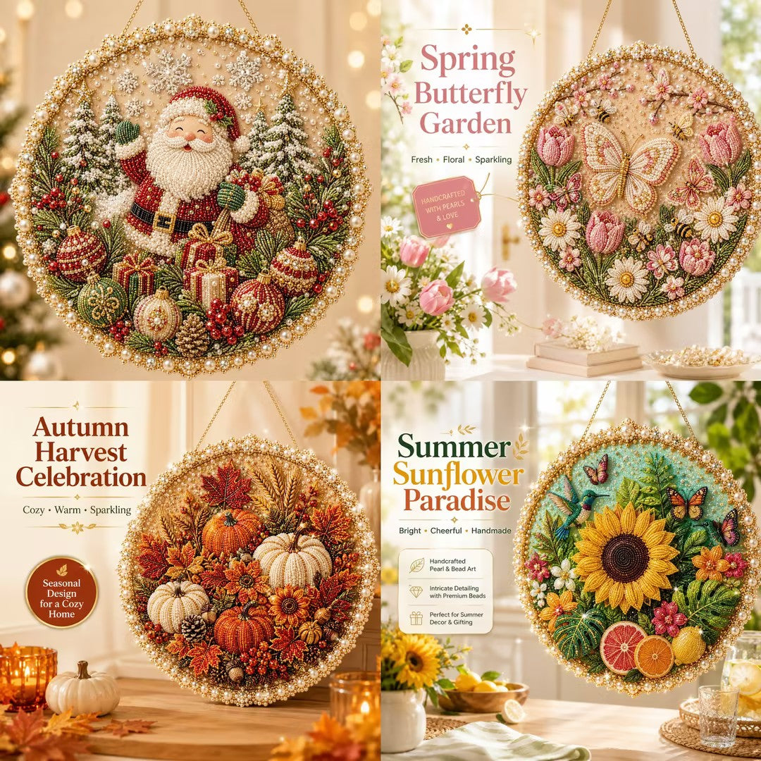 🎄☃️✨ Four Seasons & Holiday Pearl Art Hanging Wreath Kit💎Luxury Flocked Canvas with Scratch-Resistant Non-Fading Pearl Beads DIY Handmade Seasonal Decor 🌸🌻🍂🎄