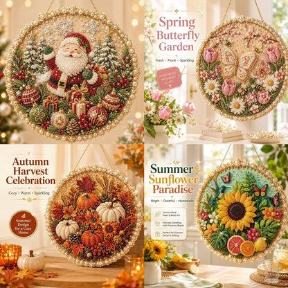 🎄☃️✨ Four Seasons & Holiday Pearl Art Hanging Wreath Kit💎Luxury Flocked Canvas with Scratch-Resistant Non-Fading Pearl Beads DIY Handmade Seasonal Decor 🌸🌻🍂🎄