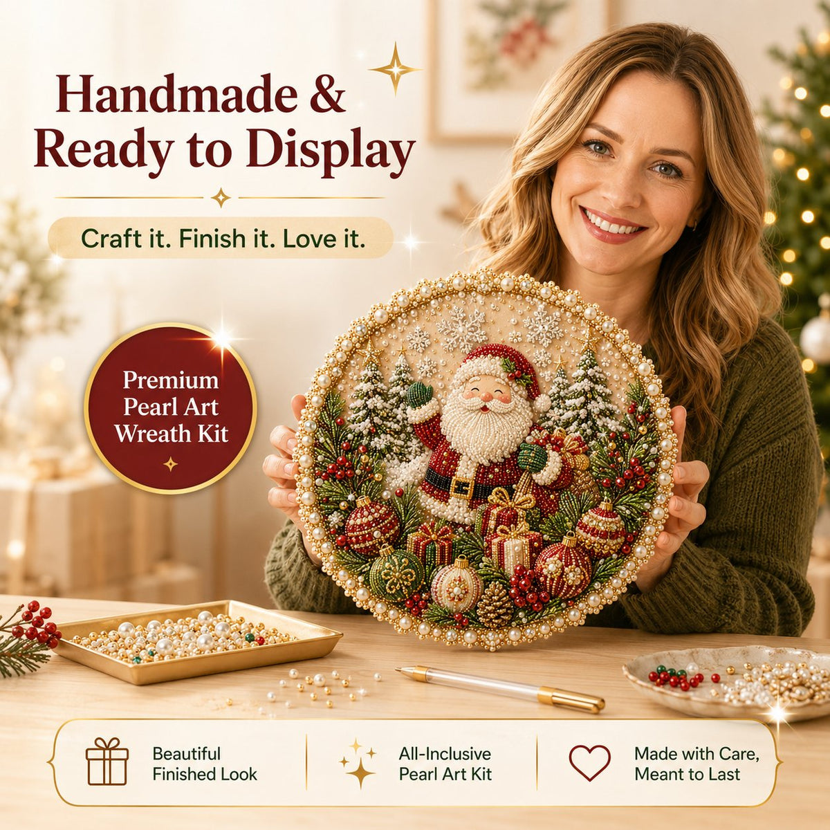 🎄☃️✨ Four Seasons & Holiday Pearl Art Hanging Wreath Kit💎Luxury Flocked Canvas with Scratch-Resistant Non-Fading Pearl Beads DIY Handmade Seasonal Decor 🌸🌻🍂🎄