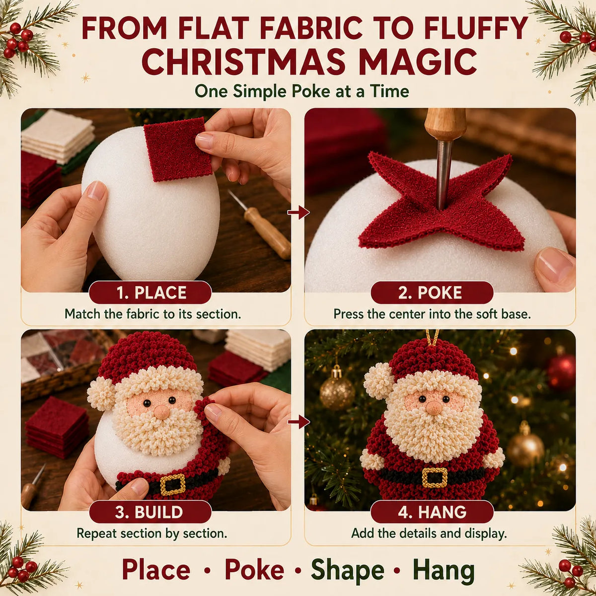 🎄Beginner-Friendly 3D Fabric Poke Christmas Ornament DIY Kit Collection | Complete Kit with Pre-Cut Fabrics, Stuffed Felt Base, Poking Tool & Step-by-Step Guide Included 💕