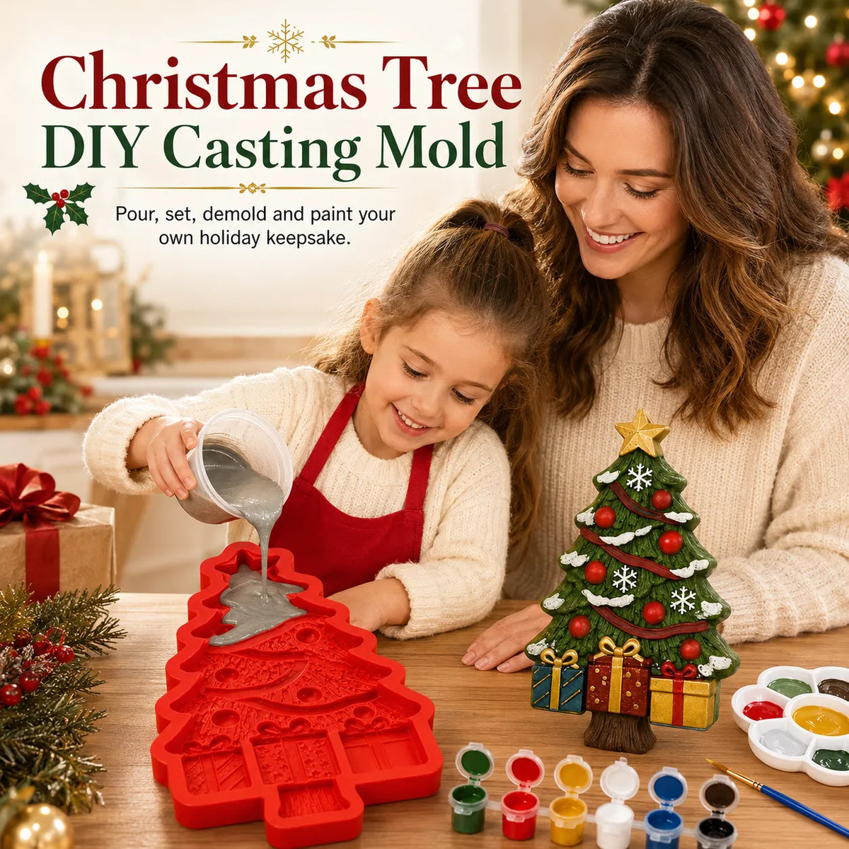 🎄Reusable Christmas Tree DIY Casting Mold | Detailed Dimensional Design with Star, Layered Branches, Ornaments, Snowflakes & Gift Box Accents ✨