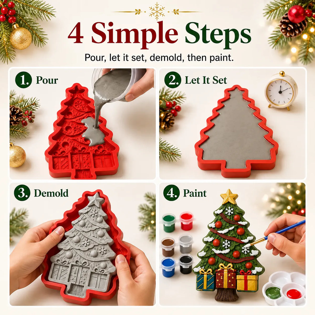 🎄Reusable Christmas Tree DIY Casting Mold | Detailed Dimensional Design with Star, Layered Branches, Ornaments, Snowflakes & Gift Box Accents ✨
