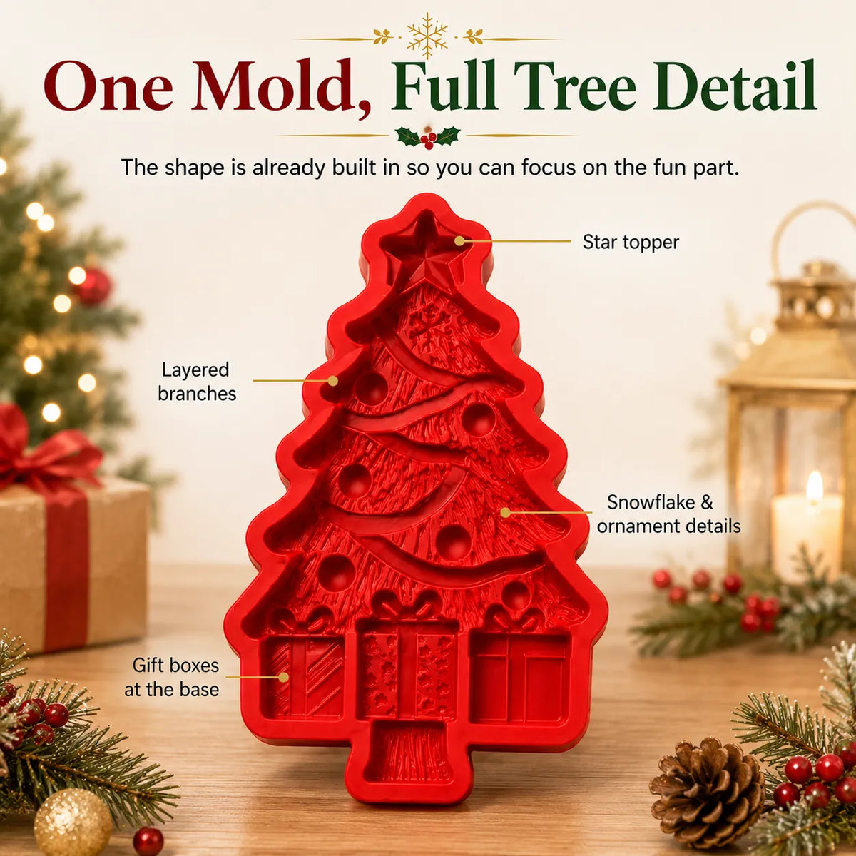 🎄Reusable Christmas Tree DIY Casting Mold | Detailed Dimensional Design with Star, Layered Branches, Ornaments, Snowflakes & Gift Box Accents ✨